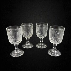 Jeannette Iris and Herringbone Clear Wine Cordial Glass Set 4 1928-1932 Vintage
